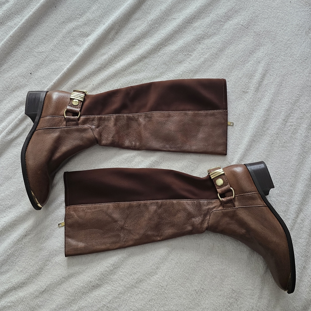 Steve Madden 7.5W Brown Leather Knee High Boots w/ Heel& Golden Zipper & Accents